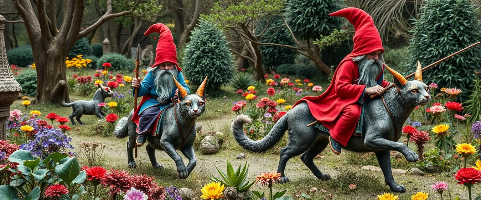 blue and red clothed gnomes riding cats with lances in garden of eden in the style of Escher and Giger