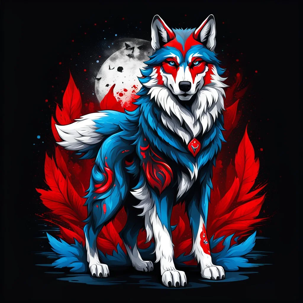 anthropomorphic wolf full body art illustration black background red, blue and white color full body