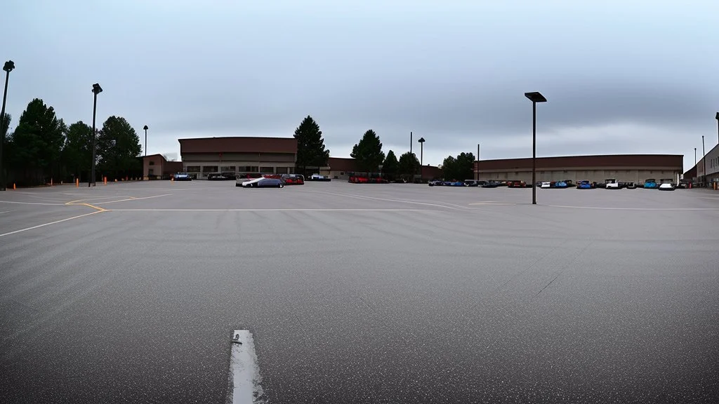 wide angle shot of crying woman driving through parking lot away from visible hotel building