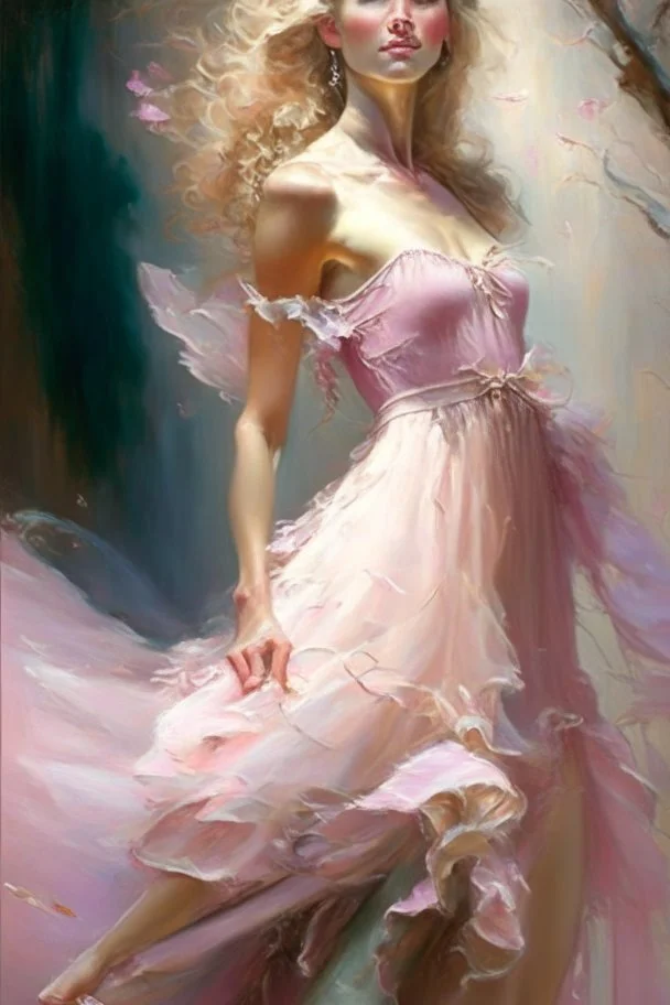 Spring goddess, Portrait of a full visible figure beautiful blond woman wearing a vaporous soft pink tulle dress, fully visible slender legs, beautiful face elegant extremely detailed intricate very attractive beautiful crisp quality Michelangelo Daniel Gerhartz