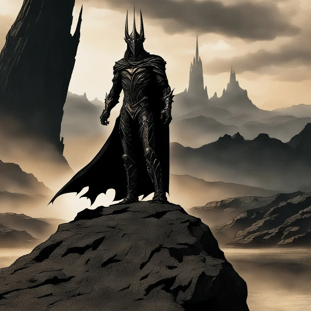 Sauron the mighty lord of darkness standing on a rock in the dark land of Mordor,A superhero MAN with infinite power and technology from the galactic race,with great army