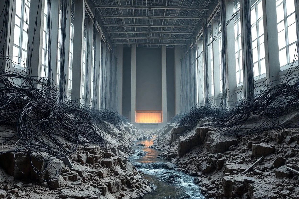Photograph, a mass of wires, giant museum space, building, pillars, high walls, schermi di computer, high towers in a room, brook, sediments, deflagration of the background, geological formation, light, architecture, minimalist, details of the terrain very accentuated, 8k, deep 3d field, sharp, brutalist, hasselblad h6d400c --ar 85:128 --v 6.0