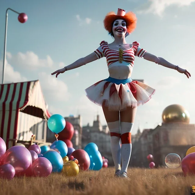 Ultra realistic circus scene. clown sweet woman, waist up view, Wes Anderson style, happy, bubbles, highly detailed, concept art, unreal engine 5, god rays, ray tracing, RTX, lumen lighting, ultra detail, volumetric lighting, 3d, finely drawn, high definition, high resolution.