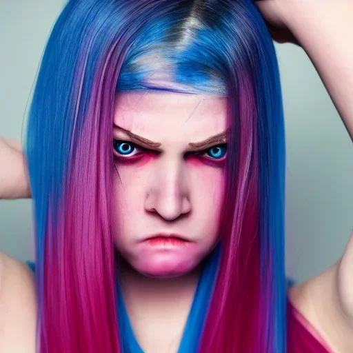 crystal clear blue eyes, and dark pink hair, dot eyebrows, woman, angry expression, pointy ears, long hair