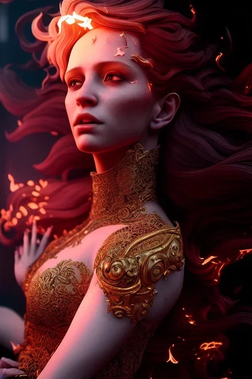 portrait of samantha prince set in fire, cinematic lighting, photorealistic, ornate, intricate, realistic, detailed, volumetric light and shadow, hyper HD, octane render, unreal engine insanely detailed and intricate, hypermaximalist, elegant, ornate, hyper-realistic, super detailed --v 4