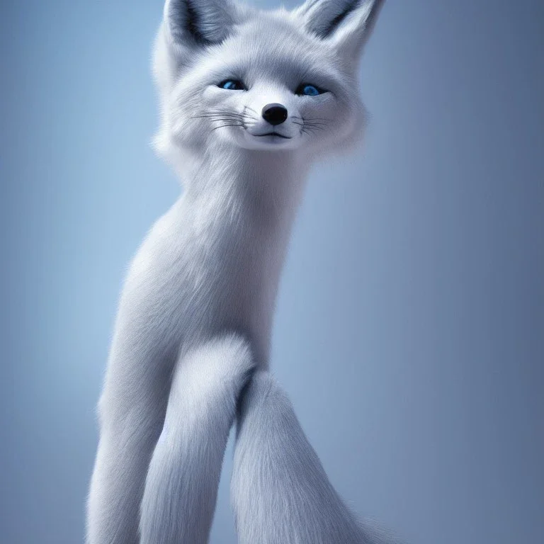 full-body portrait of one light-blue fox-like human female, skin whole body, volumetric lighting, intricate detail, realistic