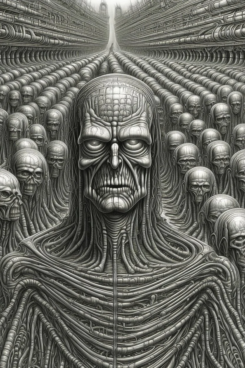 A field of thousands hands and heads inside , a thin line draw ،front view camera, surreal horror, biomechanical design, by hr giger and beksinski , Busch painting style