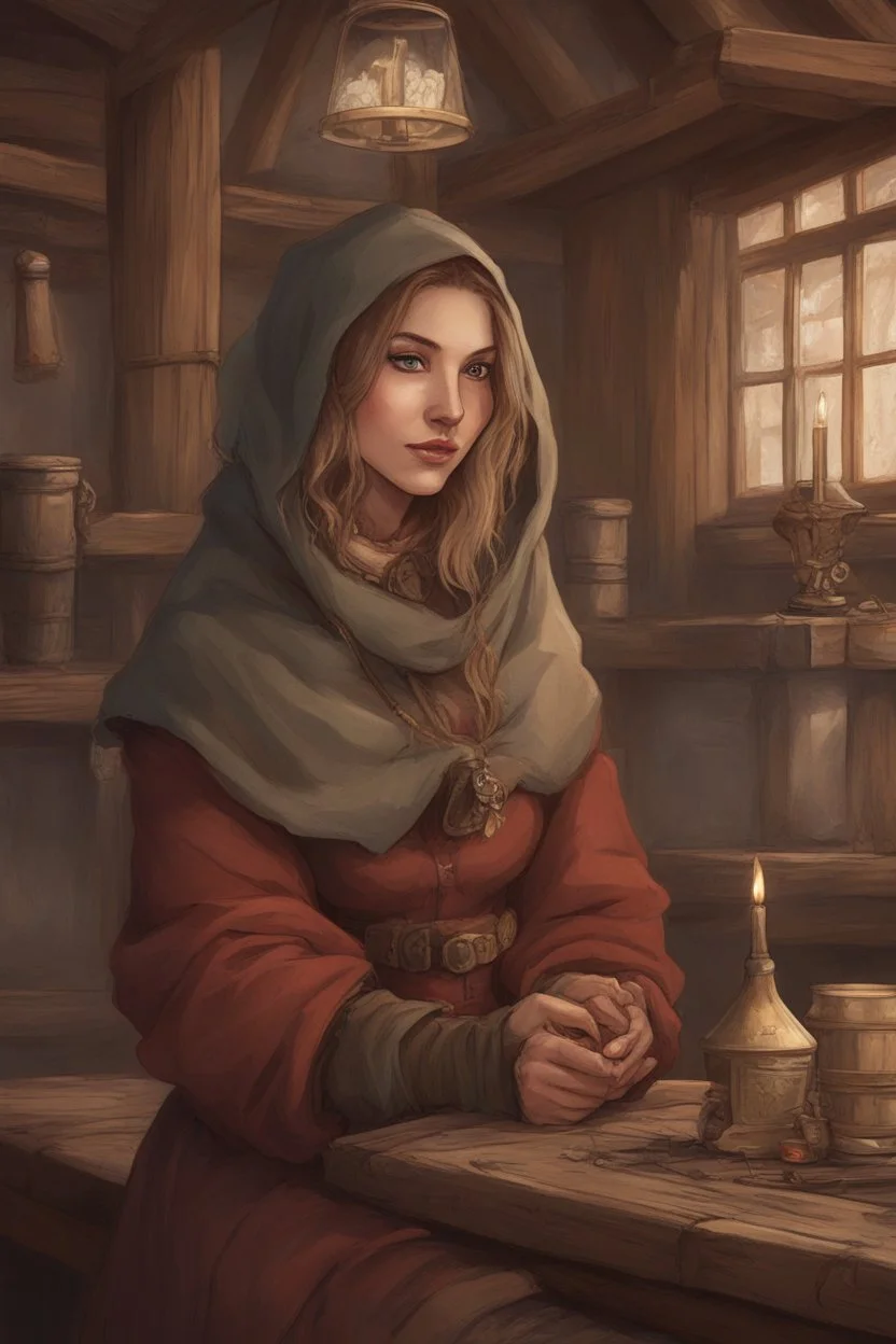 DnD style, medieval beautiful woman dressed in warm winter clothes sitting in a tavern