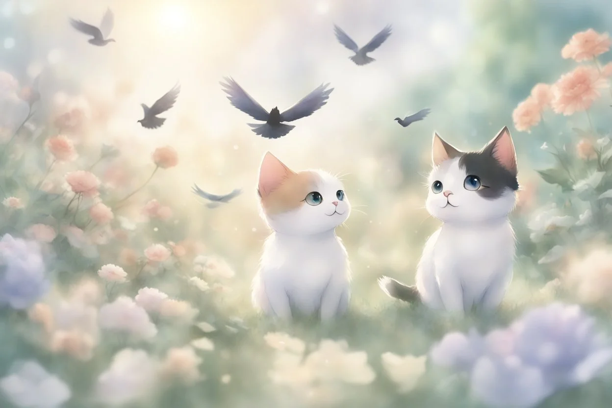 two cute anime chibi cats on either side of the picture looking at a pigeon in the top centre of the picture, flying with an envelope in its mouth in sunshine, flowerfield, watercolor and black ink outlines, ethereal, cinematic postprocessing, bokeh, dof