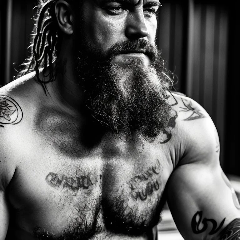 full figure shot photography, drunk beefy burly sweaty gipsy man , masculine hairy 55 year old man, dreadlocks, several tattoo, long beard, , hands behind the head, big shoulders, big arms, closed eyes, ambient occlusion ,sitting in a Sauna, super high resolution, 8k, cinematic light, ultra hyper realistic, frontal view from the bottom, view angle from the ground