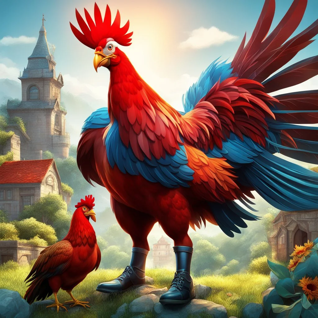 Ilustración estilo cómic 3D de un niño con un gallo gigante calidad ultra