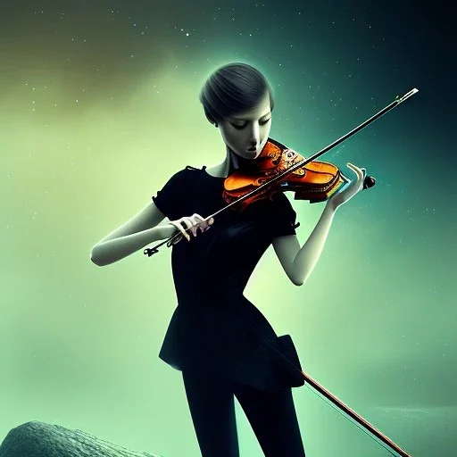 realism, violinist pitch black background, fantasy art, spray paint