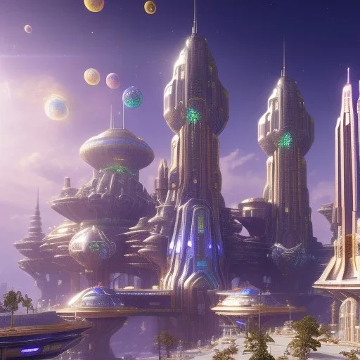 futuristic city with astroport and transparent bridges, galactic landsacape with multicolored crystals falling from the sky, full of details, smooth, bright sunshine，soft light atmosphere, light effect，vaporwave colorful, concept art, smooth, extremely sharp detail, finely tuned detail, ultra high definition, 4 k, unreal engine 5, ultra sharp focus