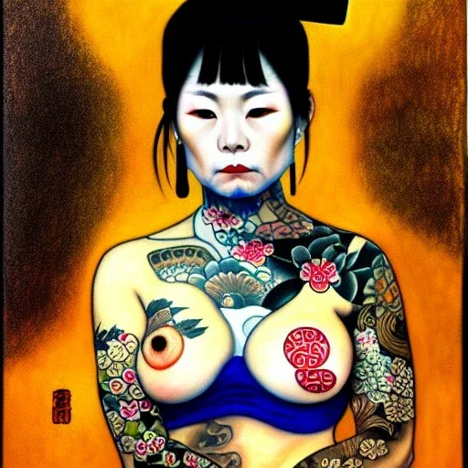 dibujo al oleo de cuerpo entero de una mujer yakuza con tatuajes y con katana estilo Gustav Klimt