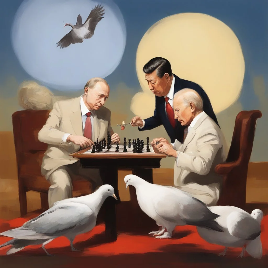 Putin, President Xi Of China And Joe Biden Play Chess With A Pigeon,Ufo And Atomic Bomb Mushroom Cloud,Complex Surgical Instruments Intermixed With A Newborn Boy,Minimalism,Painting By Adrian Ghenie,Rene Magritte,Pablo Picasso,Michelangelo,Salvador Dali,Lucian Freud