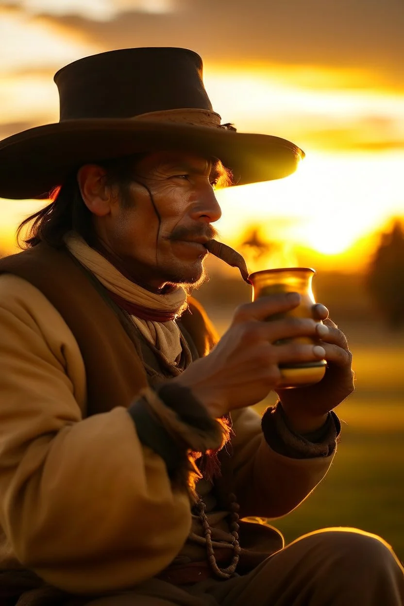 Gaucho argentino tomando mate ,fondo de imagen atardecer