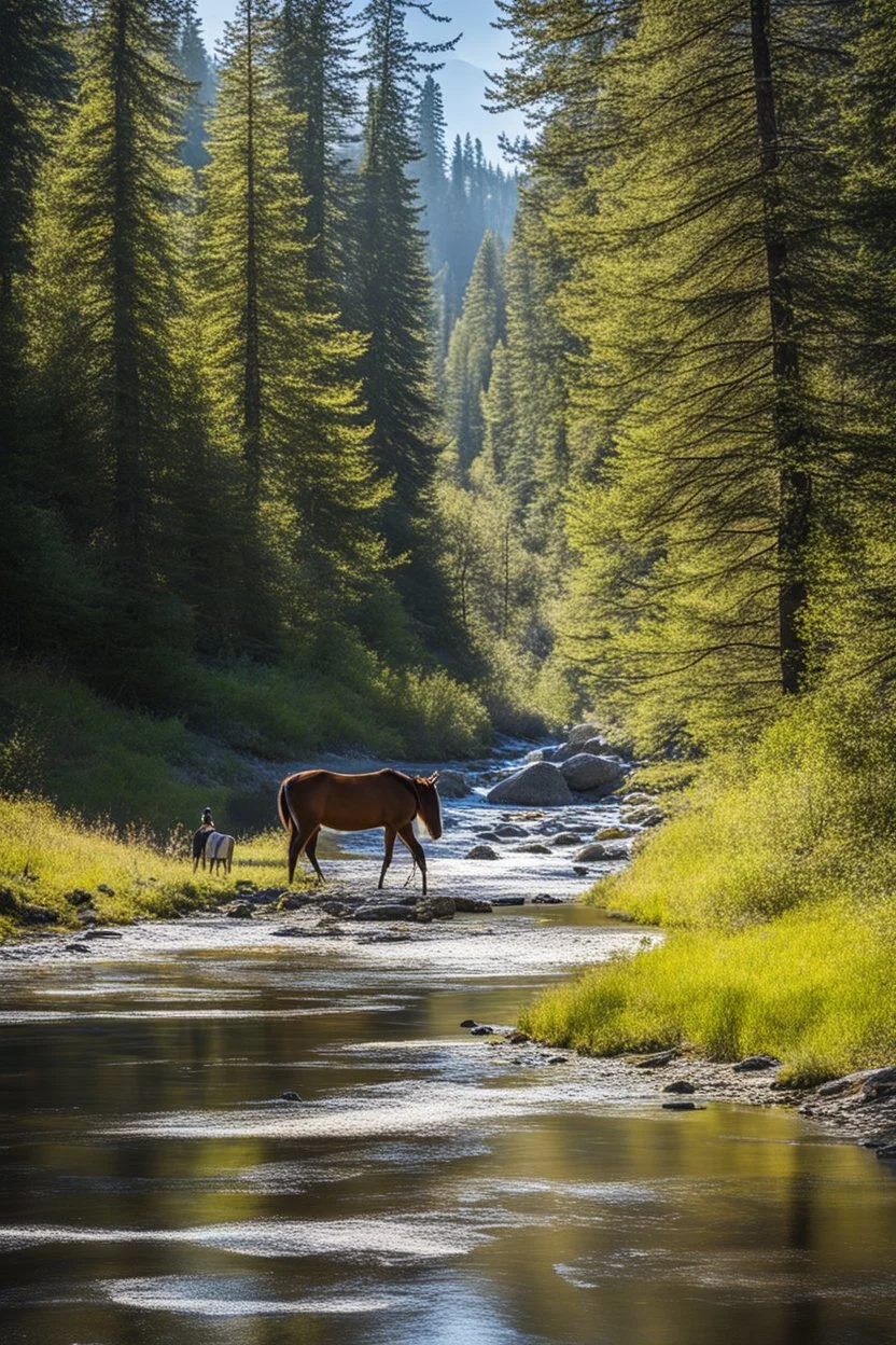 This is amazing! I love how the light glints off everything, giving stark contrast to the shadows. There must be some deer or elk up ahead since the horse has his ears perked forward and with an intent gaze of interest. The young lady looks like she is enjoying herself alone with her friend while plodding downstream through the lazy creek. Thank you for sharing. Beautiful artwork!