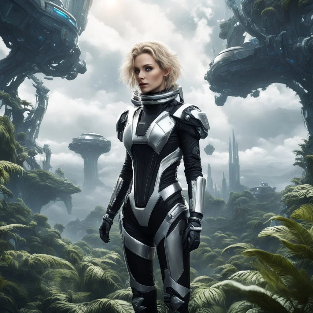 Photo of a slim sci-fi woman with scruffy blond hair, wearing a silver and black futuristic android-looking spacesuit, standing on an alien cloud tree jungle planet