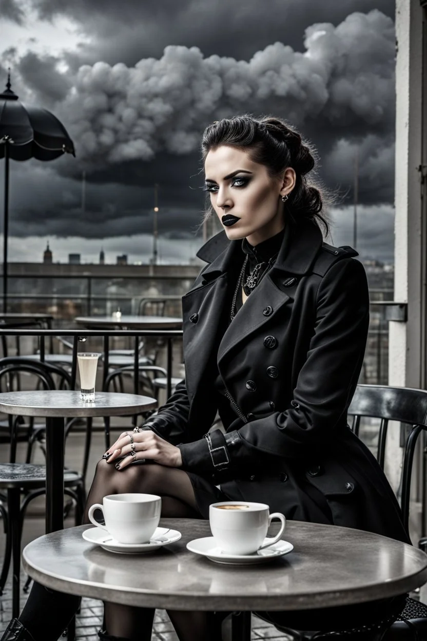 goth fashion model sitting on the coffee shop's teracce. goth black trench coat. Big black clouds on the grey sky, storm with lighting. intense white light. high detalied, sharp focus, perfect shot, professional photo