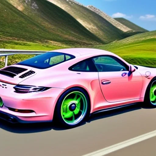 concept, art, high quality, sport car, porshe 911, 911, porshe on the nature, porshe pink color, porshe made of candies, landscape background, sunny, ultra high quality, realistic, cinematic, good weather, green nature, funny