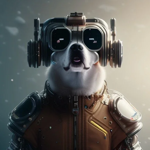 Cyberpunk Portrait of cyborg dog child with brown hair and with cute face, north pole snowy vibe , perfect composition, hyperrealistic, super detailed, 8k, high quality, trending art, trending on artstation, sharp focus, studio photo, intricate details, highly detailed, by greg rutkowski