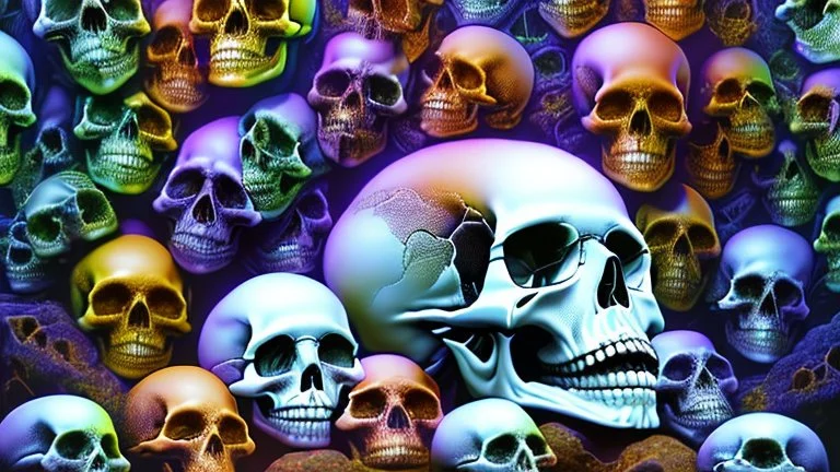 hundreds of anatomically correct, human skulls stacked into a wall unusual neon lighting, high octane, 64k, dystopian, vray, a picture of a dark, comedic, anatomically correct wall of colorful tightly packed skulls of varying sizes and expressions, photo-realistic, insanely meticulous, highly detailed,, 64k, dystopian, vray