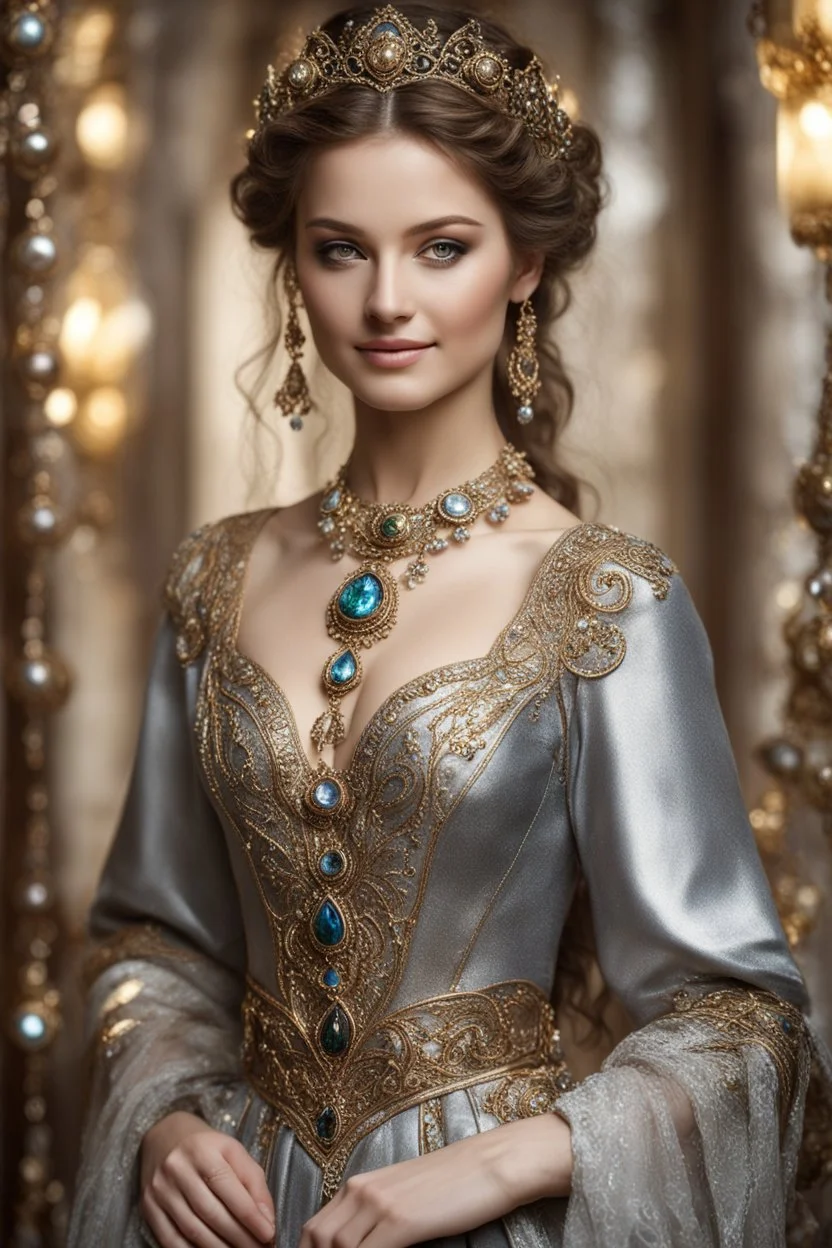 Full body photography cinematic realistic soft blur ,natural beauty,natural colors, of young woman, smiling, beautiful, shiny grey eyes, make up, Victorian Byzantine style, shiny baubles, ornate, large gemstones, shiny molten metalics, shiny wire filigree, brown hair, high definition,photography art