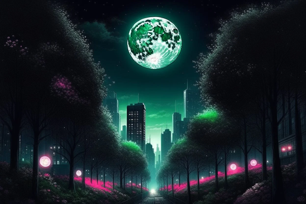 city, sci-fi, night, moon, trees, flowers, gary numan influence