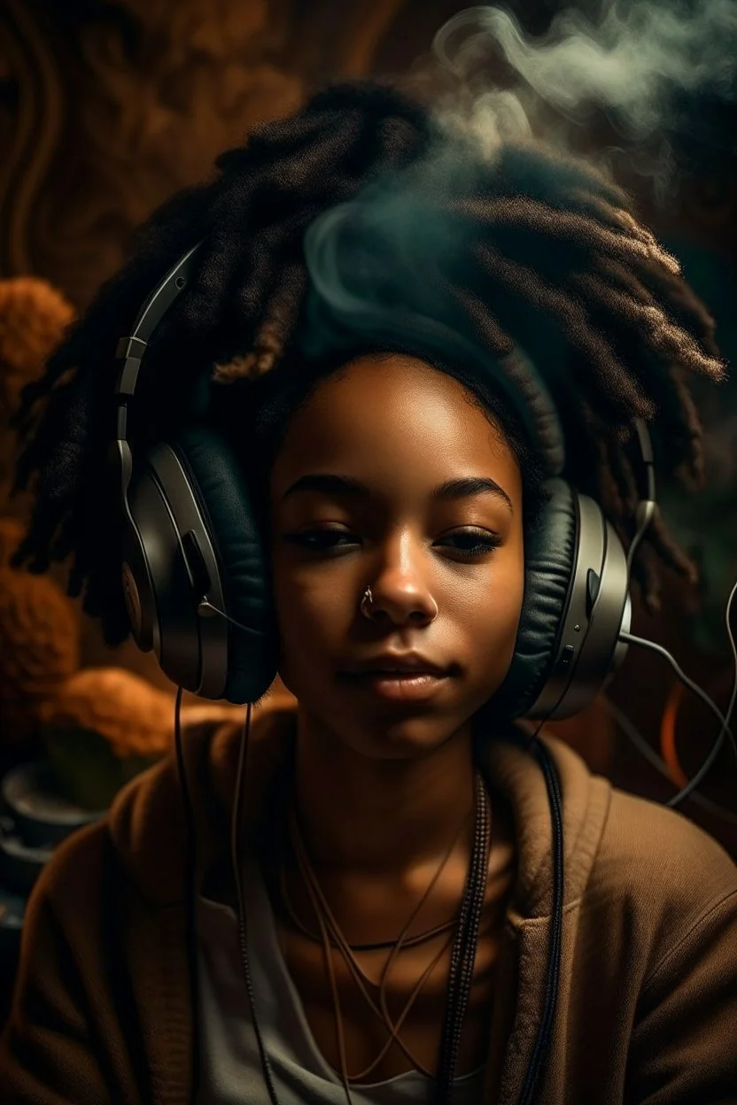 earthy black young woman listening to music with headphones, soul, peace, majestic, earthy colours, at peace, happy, incense, jewels, bands, natural, old school headphones, low siren eyes, incense, almond eyes, no eyelid wrinkles, darker skin tone