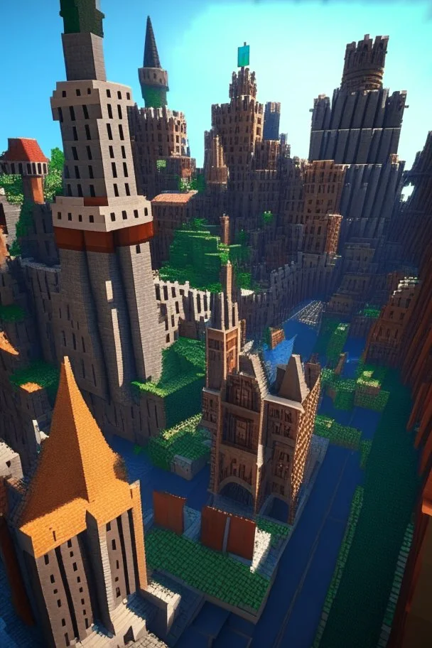 medival minecraft city, many buildings