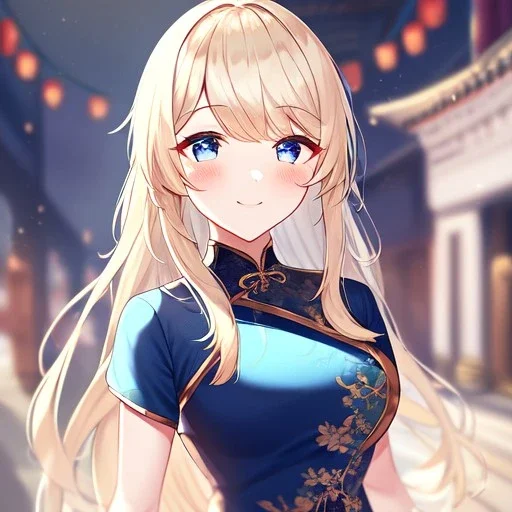 Clear focus,High resolution, Light Blonde hair, and blue eyes, kawaii style, wearing a Chinese Traditional dress, Blushing