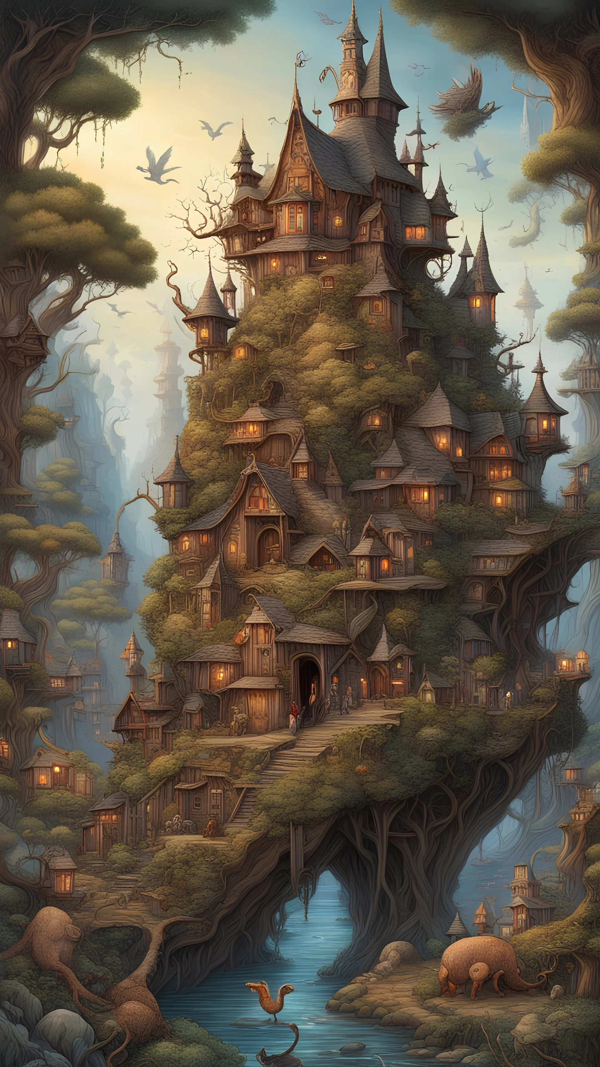 A whimsical fantasy realm, blending inlaws and outlaws, fantastical creatures, intricate designs, high-definition quality, inspired by Jacek Yerka, Jean-Baptiste Monge, and Tim Burton, detailed foreground featuring mythical beings, highly-detailed background with hidden surprises, reminiscent of Bev Doolittle's intricate style, Eanger Irving Couse's storytelling essence, magical and mysterious atmosphere, vibrant and rich color palette, enchanting lighting effects, surreal and imaginative settin