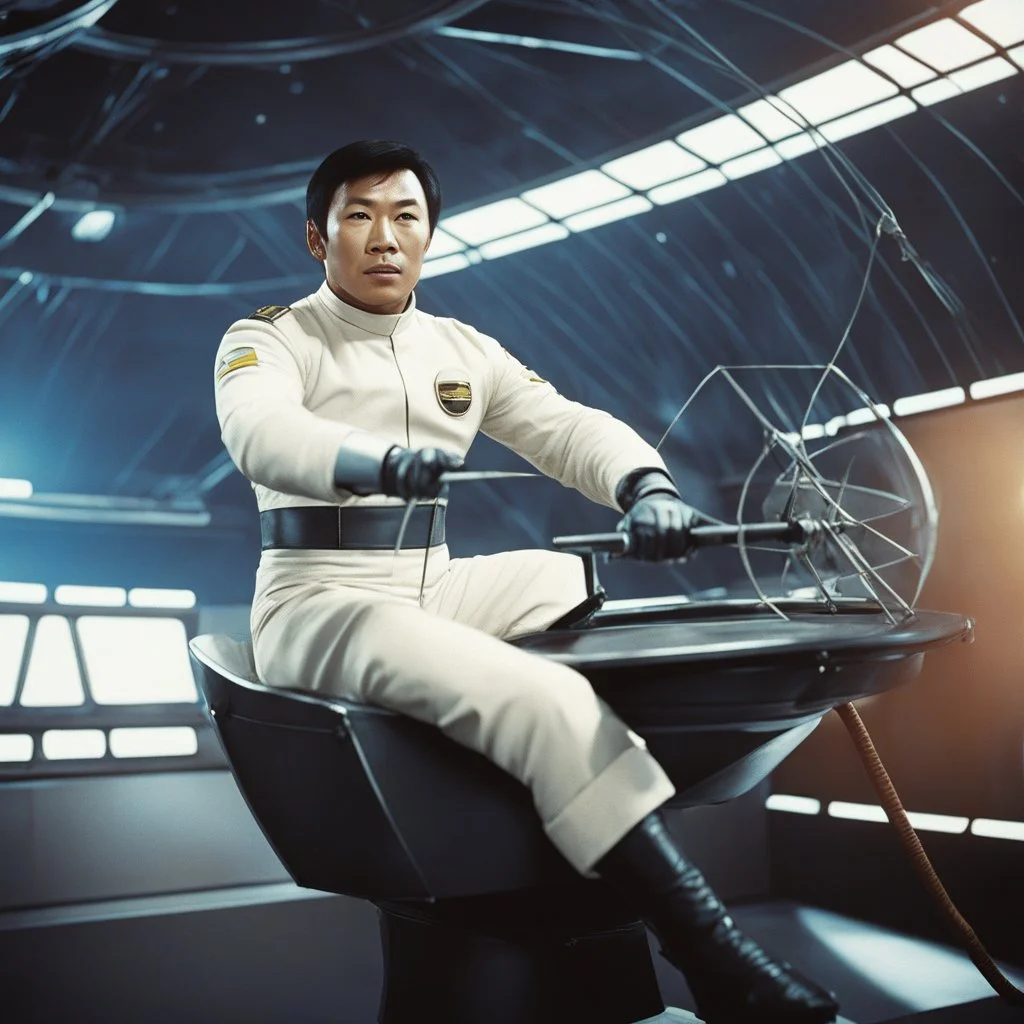 Lieutenant Sulu practices fencing in the captain chair of the starship, view from below[vintage style noisy scratches glitches, Shot the texture and then rewound the film and double exposed from a 1970 B series movie]