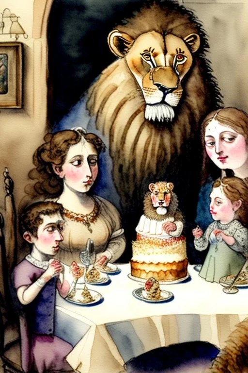 Jewish family and lion are sitting at a table with a birthday cake. Watercolour