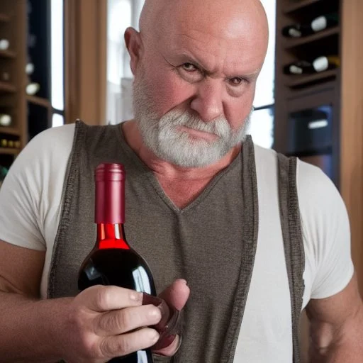 burly ugly 58 year old man bald with short beard and tank top manly chest chooses a bottle of wine in a cellar full of wine bottles dramatic light angry eyes highly detailed