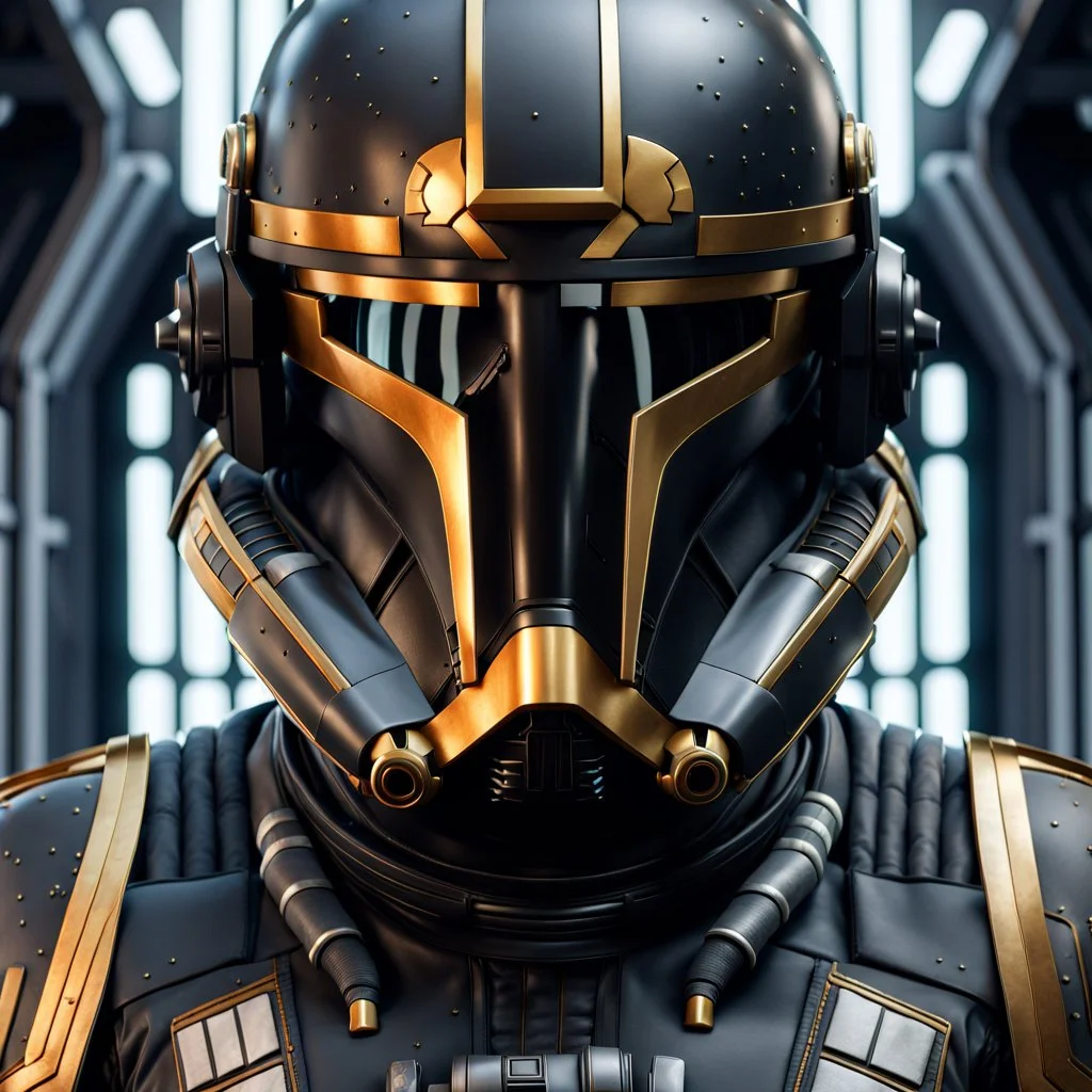 star wars bald male corellian pilot wearing dark gunmetal grey and black First Order special forces TIE pilot armored flightsuit and helmet with gold trim inside the jedi temple, centered head and shoulders portrait, hyperdetailed, dynamic lighting, hyperdetailed background, 8k resolution, volumetric lighting, light skin, fully symmetric details