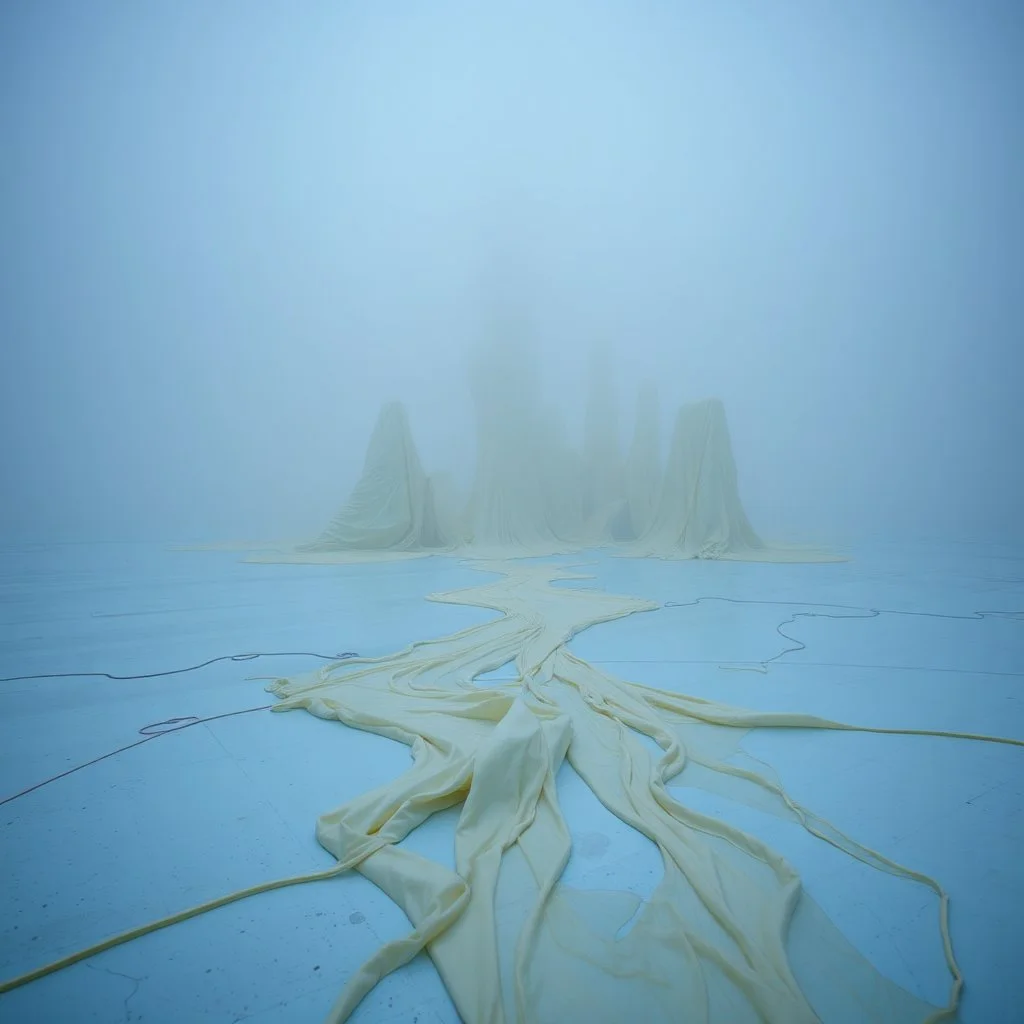 Fotografia di una superficie piatta di colore azzurro chiaro e giallo pastello, su cui si ergono surreali strutture di forma astratta, ricoperte da materiale plastico di colori pastello, che scende a terra. Yves Tanguy. Nebbia, oscurità, paranoic, obsessive, nightmare, notte, glossy, surreal, hasselblad h6d400c --ar 85:128 --v 6.