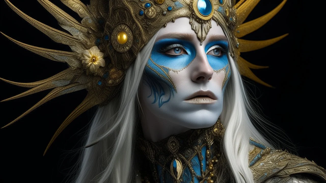 The image features a person with an elaborate makeup and costume that gives them an otherworldly appearance. They have pale skin, long white hair, and pointed ears. Their facial features are accentuated by gold and blue makeup, which includes intricate designs around their eyes and on their forehead. The individual is wearing a headdress with a spike-like design that adds to the fantastical look. They are also adorned in a costume with gold and blue elements, featuring what appears to be scales