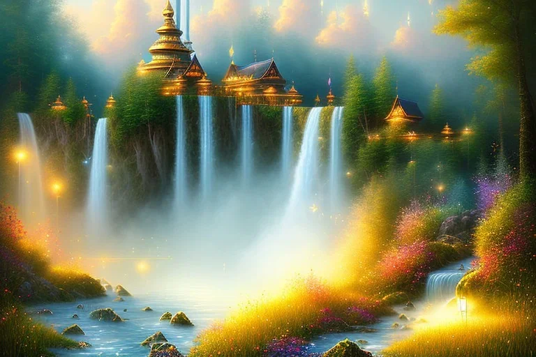 golden waterfall falling from clouds from heaven on meadow, hyper detailed, digital painting, elegant, centered, detailed, neon signs, 8k,