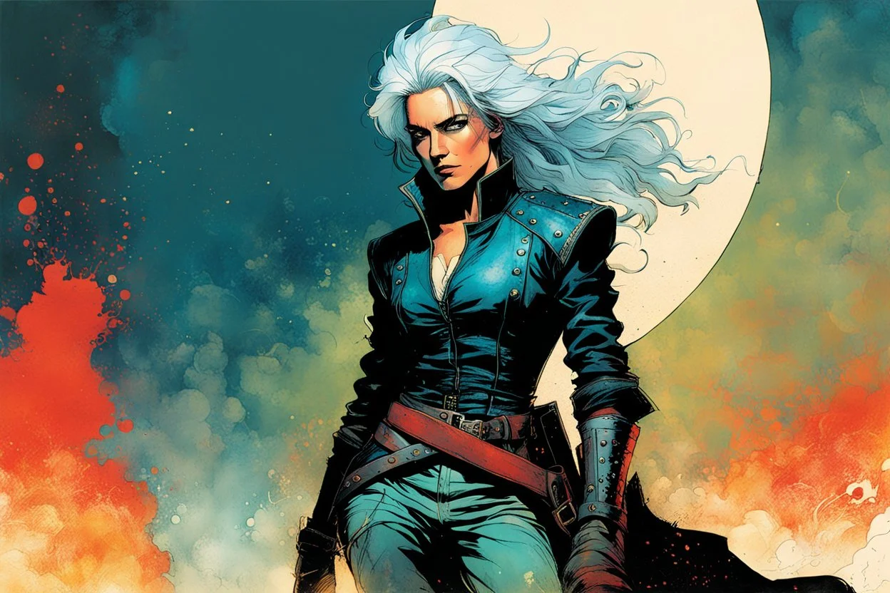 create an imaginative full body print illustration of an ethereal, otherworldly , ghost haired, female grandmaster Witcher in leather doublet and boots , in the comic book art style of Bill Sienkiewicz, Mike Mignola, and Jean Giraud Moebius, with highly detailed feminine facial features , finely drawn, colored and inked,