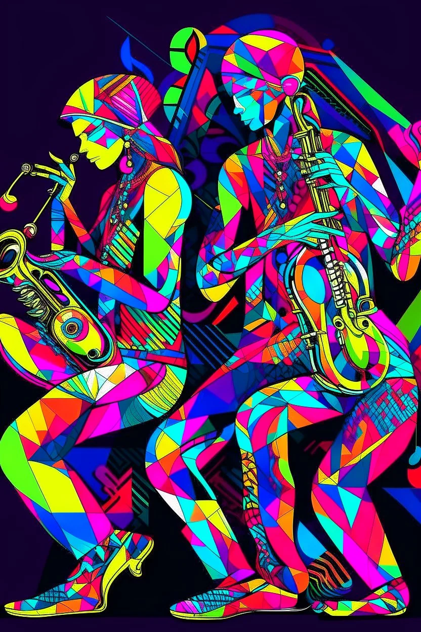 psychedelic saxophonist musicians with geometrical patterns and neon colors