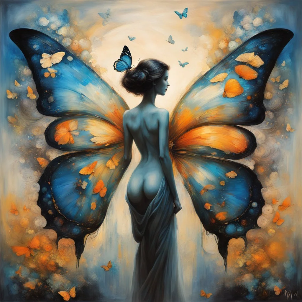 A mesmerizing mixed-media masterpiece by T. Mann NYC, seamlessly blending the styles of renowned artists such as Bouguereau, Anne Bachelier, Zdzislaw Beksinski, Dan Seagrave, J.M.W. Turner, and Van Gogh. A captivating exploration of the butterfly effect unfolds as a beautiful female silhouette takes center stage. The background artfully merges minimalist chalk pastel techniques with a dark monochrome palette, creating an enchanting atmosphere. In this masterpiece, a mesmerizing blue bird spreads