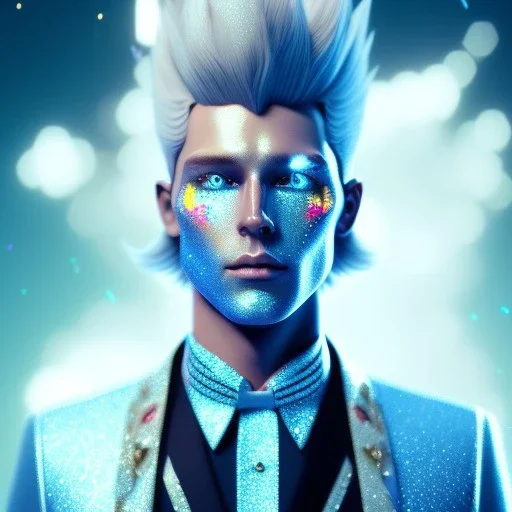 Handsome cosmic man, glitter blue and white prince suit with stripes, jewels, long blond hair, blue eyes, cinematic lights, octane render, unreal engine 5, 4k, focus details