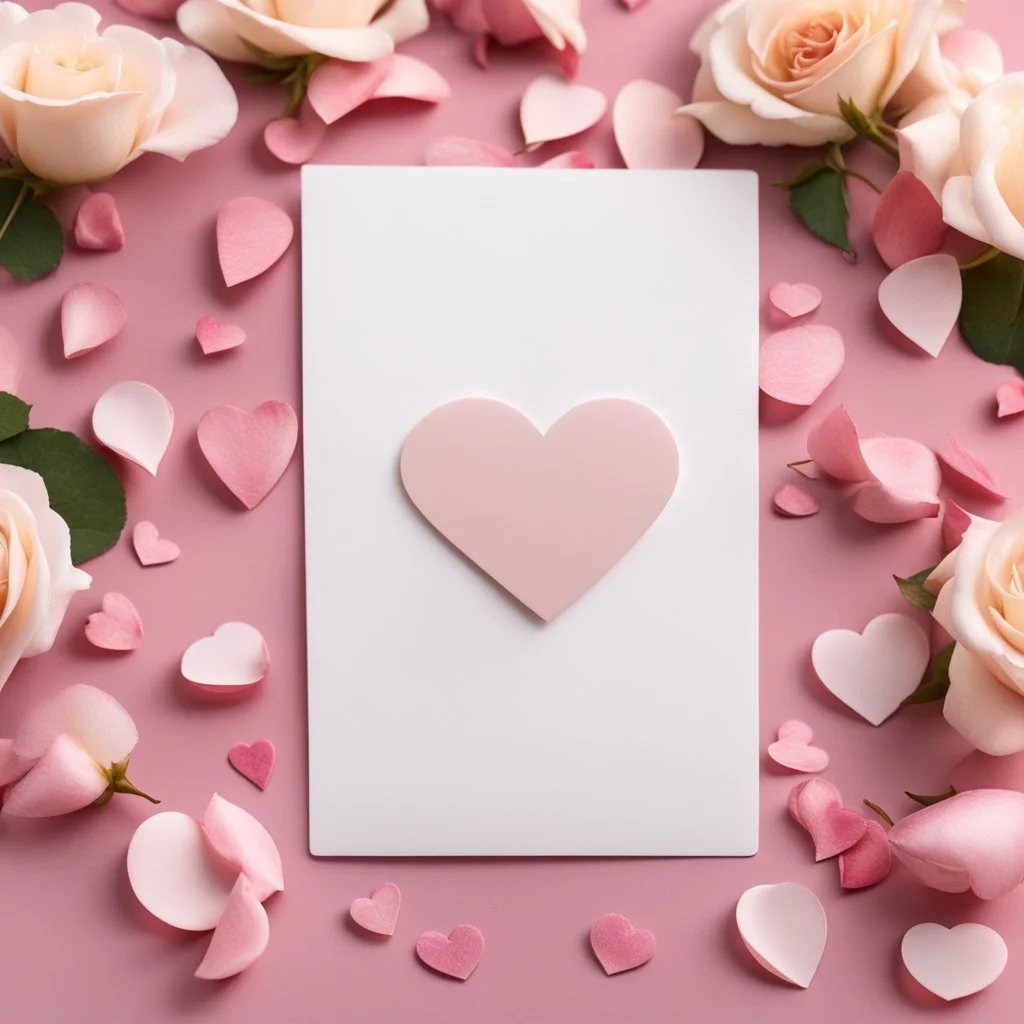 A photo of a white card, 5.5 by 4.25 inches. The card is vertically positioned on a beautiful light pink surface, positioned between pink rose petals and litte golden hearts.