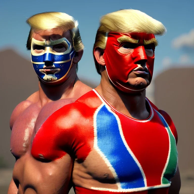 Realistic image of Donald trump wrestler, Mexican wrestling style, Mexican eyes wrestling mask, red and blue breeches, suspenders, retro style, 80s, vibrant color, highly detailed, sky background, concept art, unreal engine 5, god rays, ray tracing, RTX, lumen lighting, ultra detail, volumetric lighting, 3d, finely drawn, high definition, high resolution.