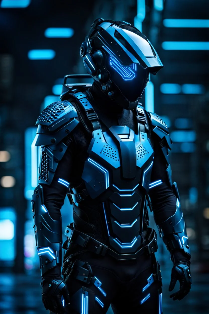 cyberpunk, neon blue, high technology, geometric figures, orbiting figures, cyberpunk suit, black and blue, epic, rain, neon blue suit, geometric figures orbiting around suit, exosuit, technological armour, a person wearing technological armour, cyberpunk armour, detailed armour, male