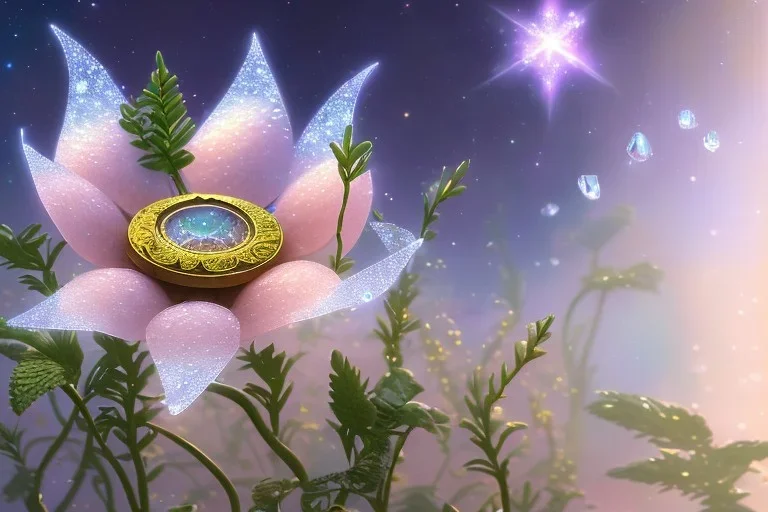 one big crystal subtle flower in a galactic ambiance with a very little beautiful fairy, transparent petals, delicate colors, in the foreground, full of details, smooth, bright sunshine，soft light atmosphere, light effect，vaporwave colorful, concept art, smooth, extremely sharp detail, finely tuned detail, ultra high definition, 8 k, unreal engine 5, ultra sharp focus