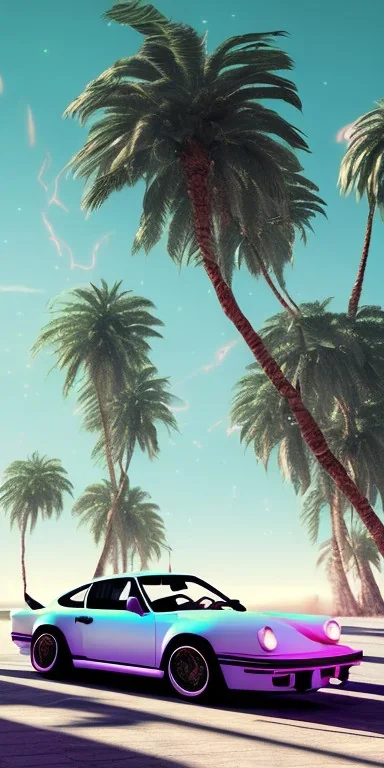 1980's aesthetic vaporwave palm trees and spheres and glowing Porsche