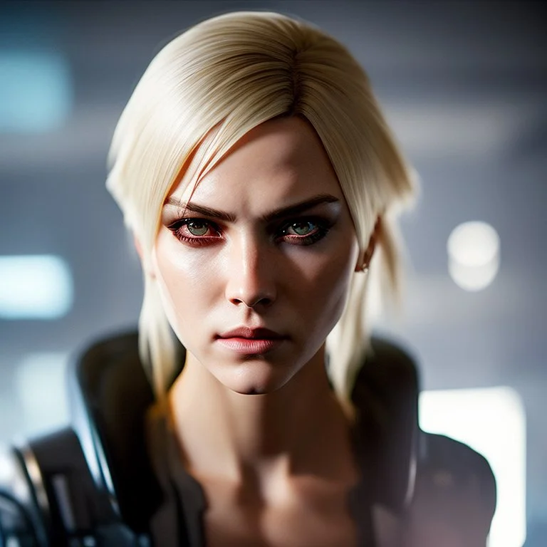 Photorealistic headshot of a fierce blonde assassin cyberpunk dynamic pose