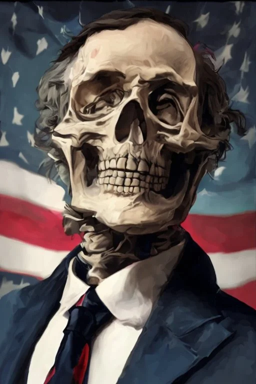 a head and shoulders portrait of a skeleton dressed in a three-piece suit as the president of the united states, based on us currency, united states one dollar bill, shades of green, line ink green drawing, real-life, colors match the united states one dollar bill, realistic, robotic,